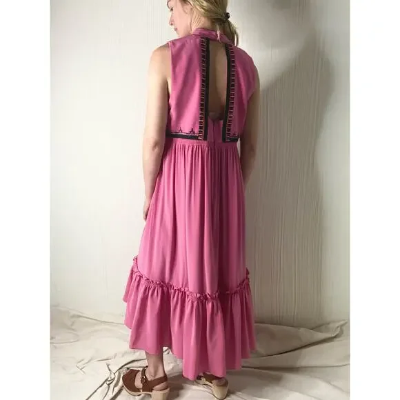 WHISTLES "Avery" Silk Bubblegum Pink Boho Embroidered Maxi Dress US 10 - Picture 7 of 13